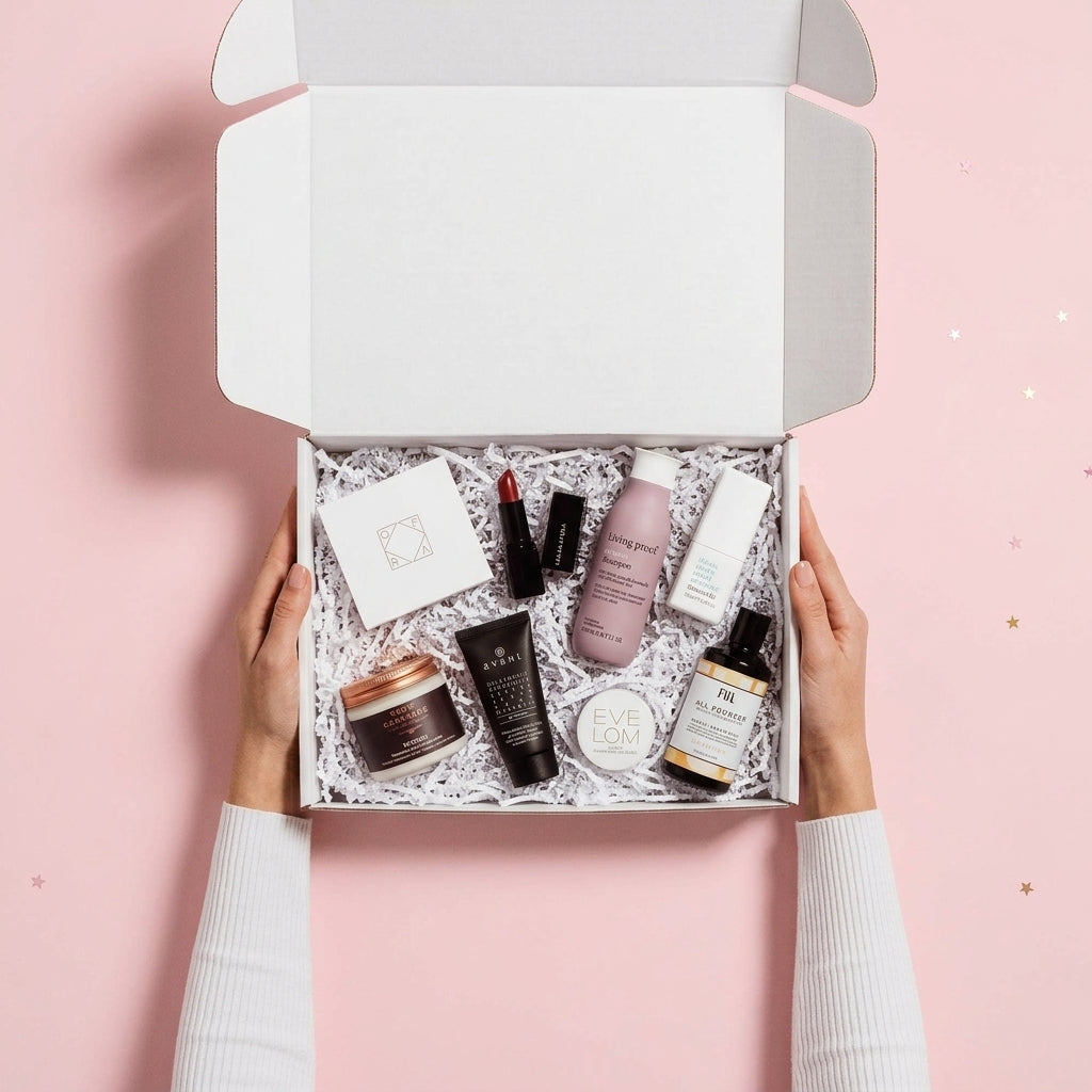 An open white gift box held by two hands against a soft pink background, filled with assorted skincare and beauty products including a pink bottle, black tubes, a white box, and a small jar.