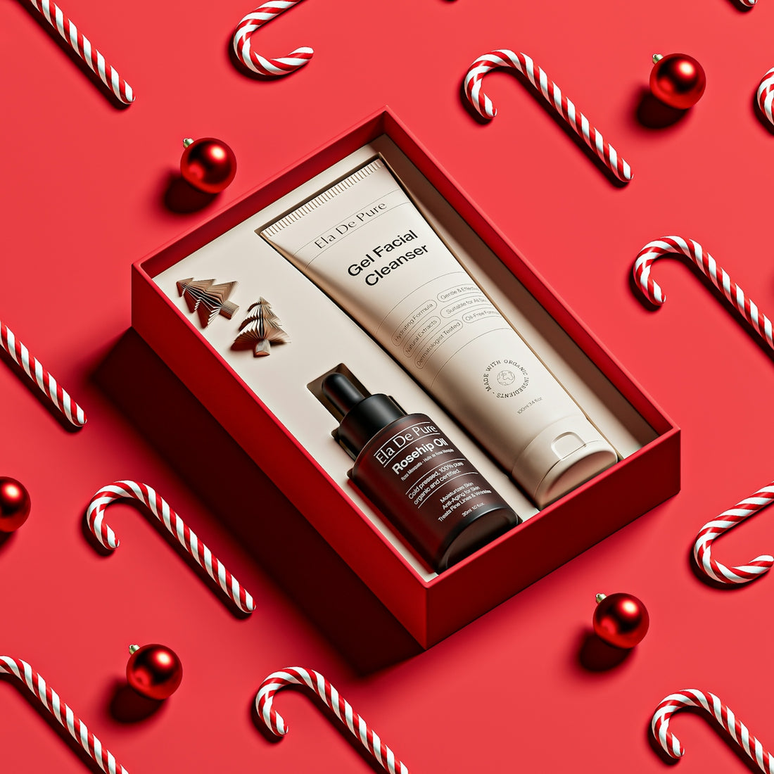 Christmas gift box with skincare products and candy canes