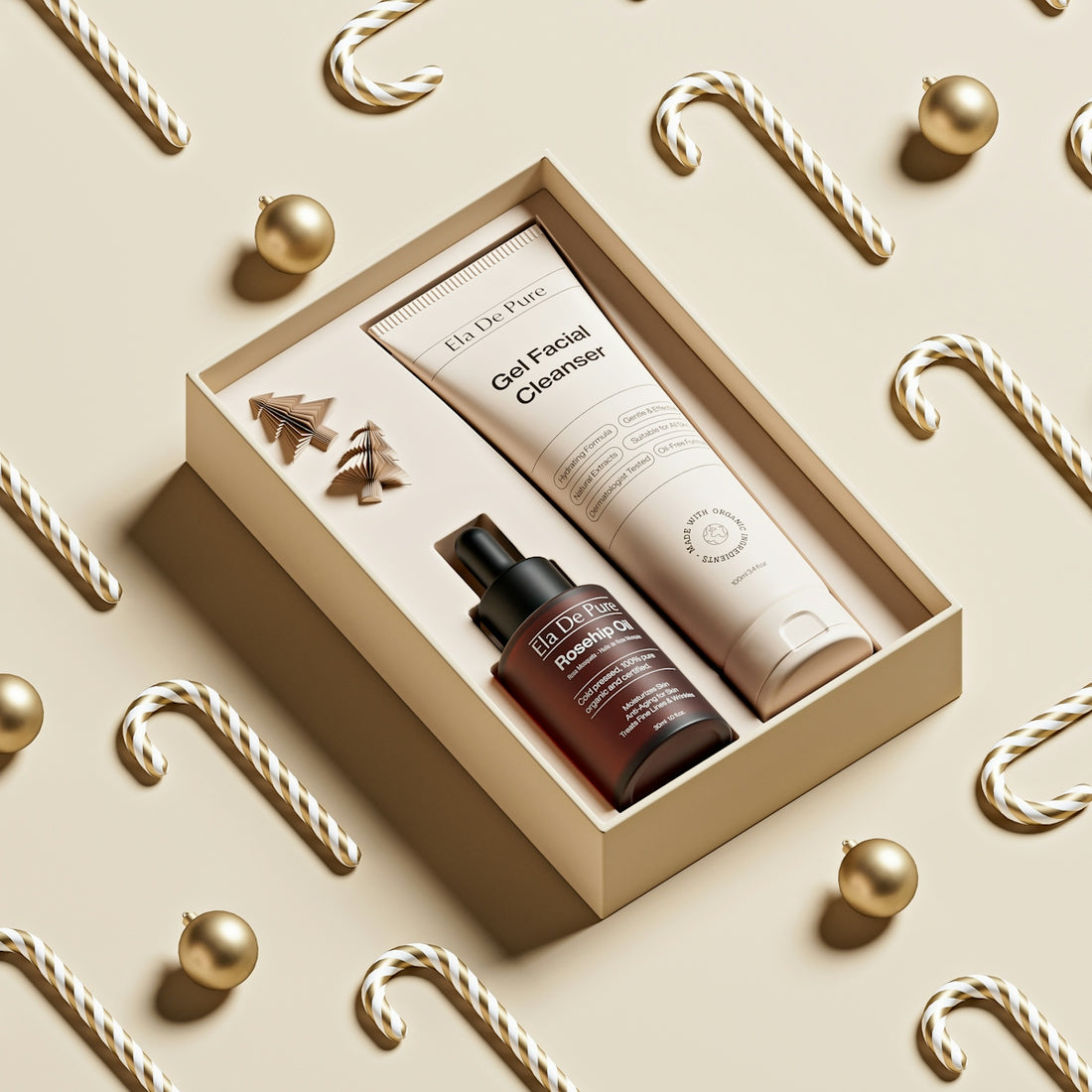 Skincare gift set with festive holiday decorations