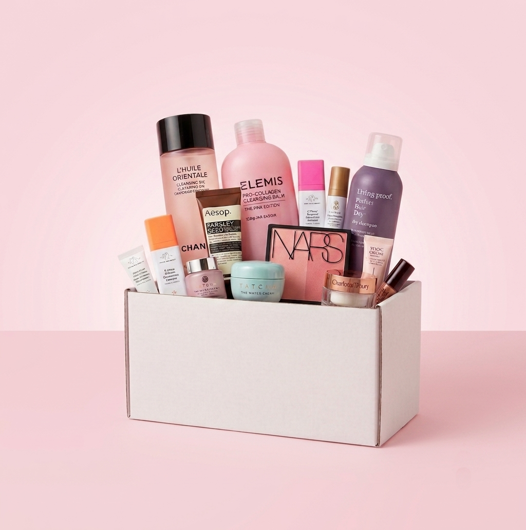 Collection of skincare and beauty products in a box on a pink background